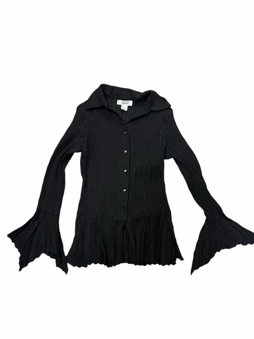 Vintage Fairycore Black Crinkle Peplum Bell Sleeve Top  – Size S